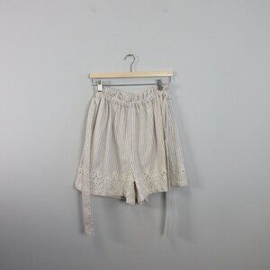 Johnny Was Jade Ciana Paper Bag Short Women L Beige Stripe Linen Cotton Belt 261